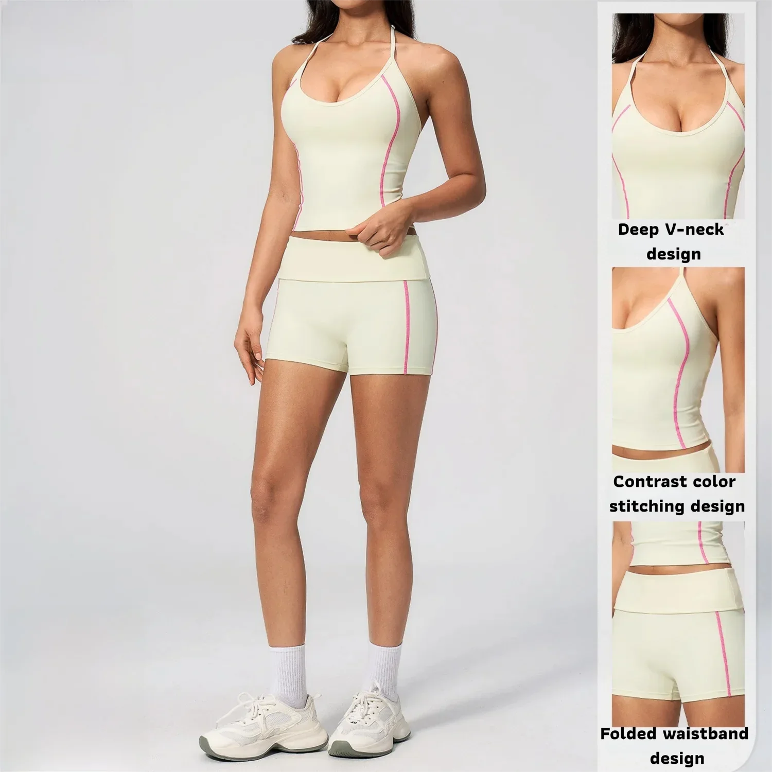 V Neck Halter Yoga Set Women Color Block Gym Outfit High Waist Fold Over Leggings Workout Clothes Tummy Control Activewear