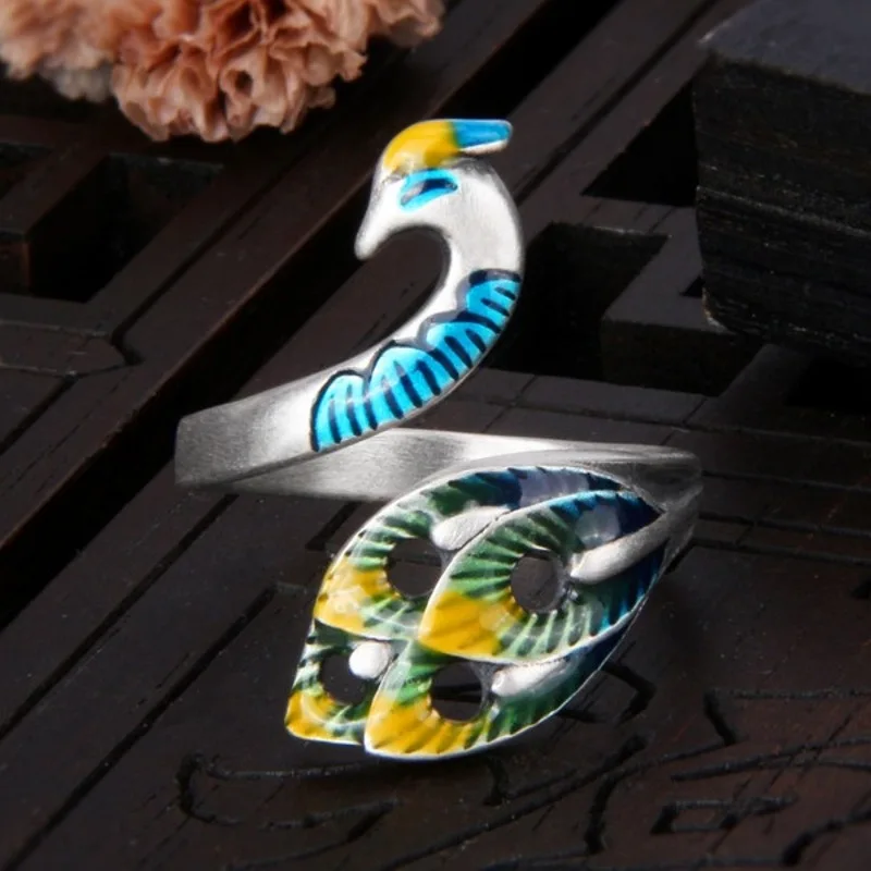 

Real Solid 925 Sterling Silver Band Women Lucky Enamel Peacock Open Ring