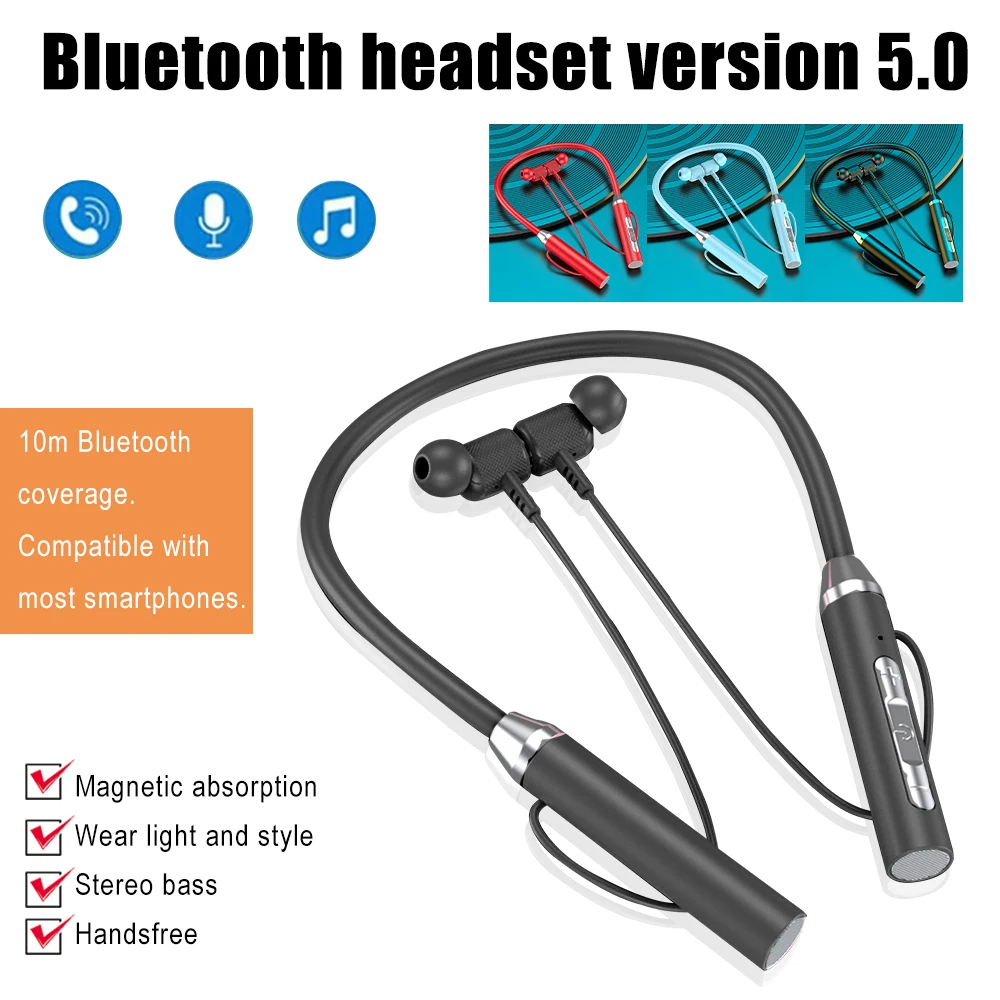 Neck Hanging Sport Headphone Wireless BT 5.0 Earphone Magnetic Bass In-ear with Stereo Microphone Noise Cancelling Music Headset