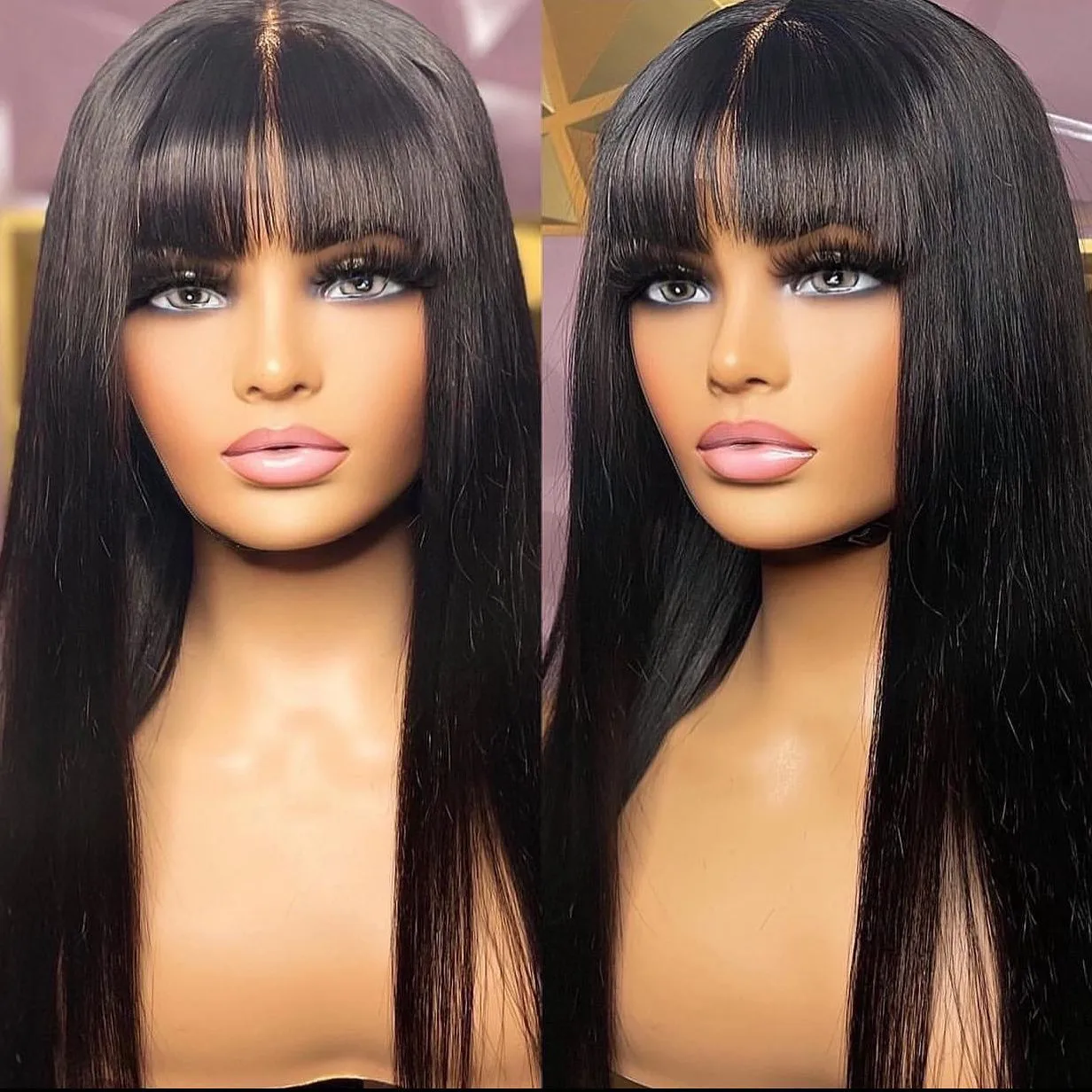Straight Fake Scalp 100% Human Hair Wig With Bangs Natural Hairline For Women Brazilian Short Bob Wigs 30 36 Inch Fringe Wig