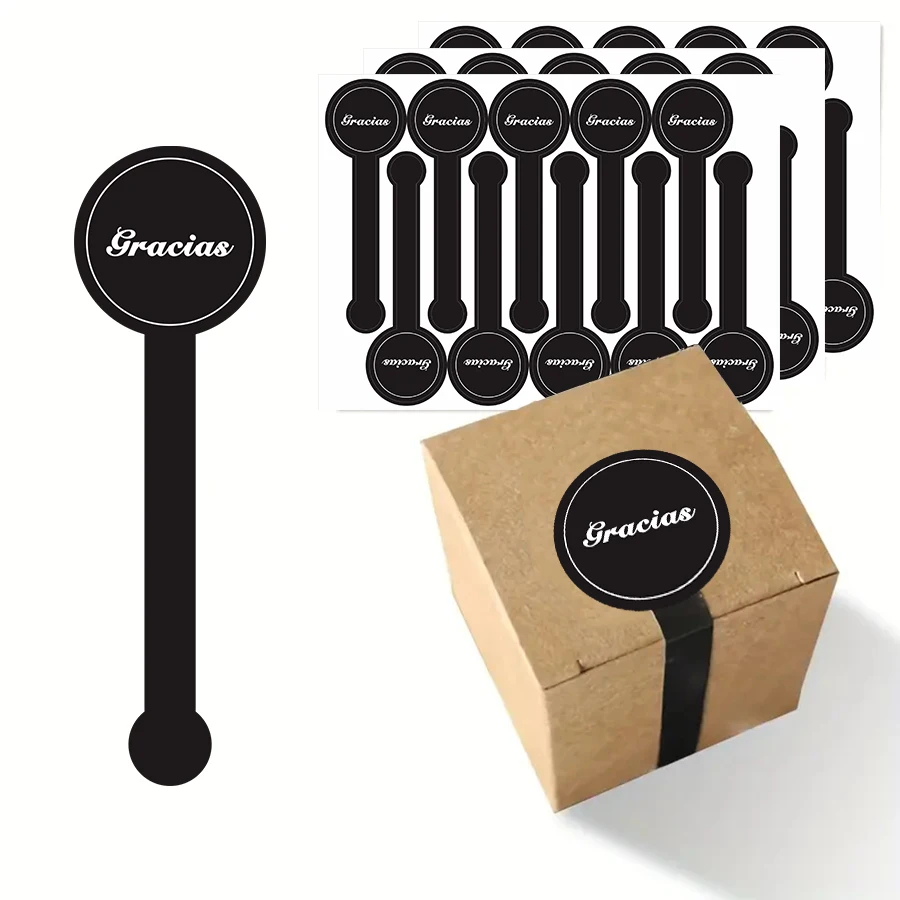 100 Pcs Spanish Black Long Sealing Stickers – “Gracias” Adhesive Labels for Bakery Boxes, Gift Packaging, Handmade Products