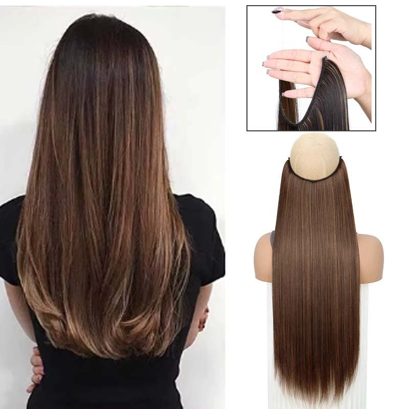 

Long Straight Synthetic Extensions One Piece No Clip in Hairpiece 60cm Temperature Fiber Fake Hairpieces For Women