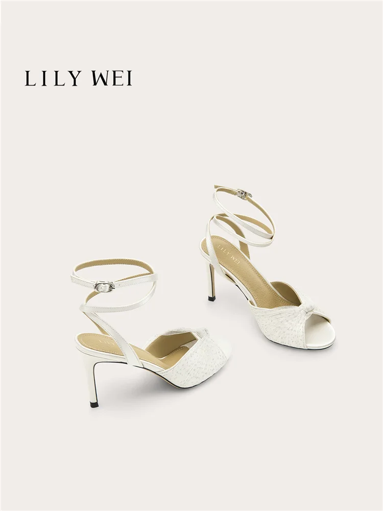 Nuevas sandalias de verano blancas de malla con lentejuelas y punta abierta para boda, banquetes, tallas grandes y pequeñas, tacón delgado y alto para mujer