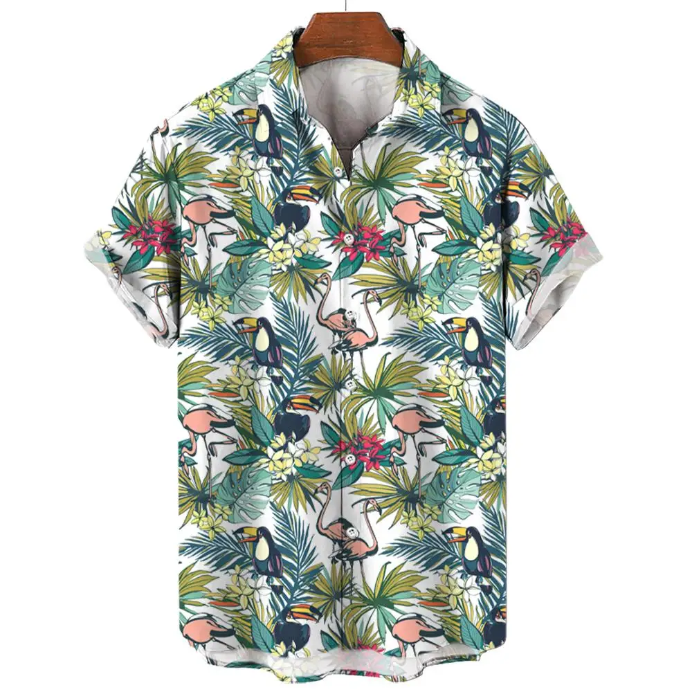 Hawaiian Shirt For Men Casual Toucan Print Short Sleeved Shirt Lapel Collar Tops Original Men's Tee Oversized Button Blouse Tops