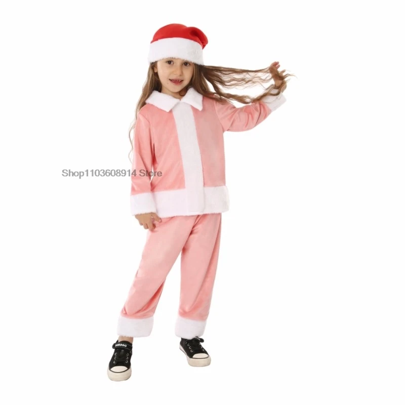 Weihnachten Cosplay Kostüme Weihnachten Rosa Pyjamas Anzug Kind Jungen Mädchen Tops Hosen Hut Outfit Set Weihnachten Party Leistung Kleidung