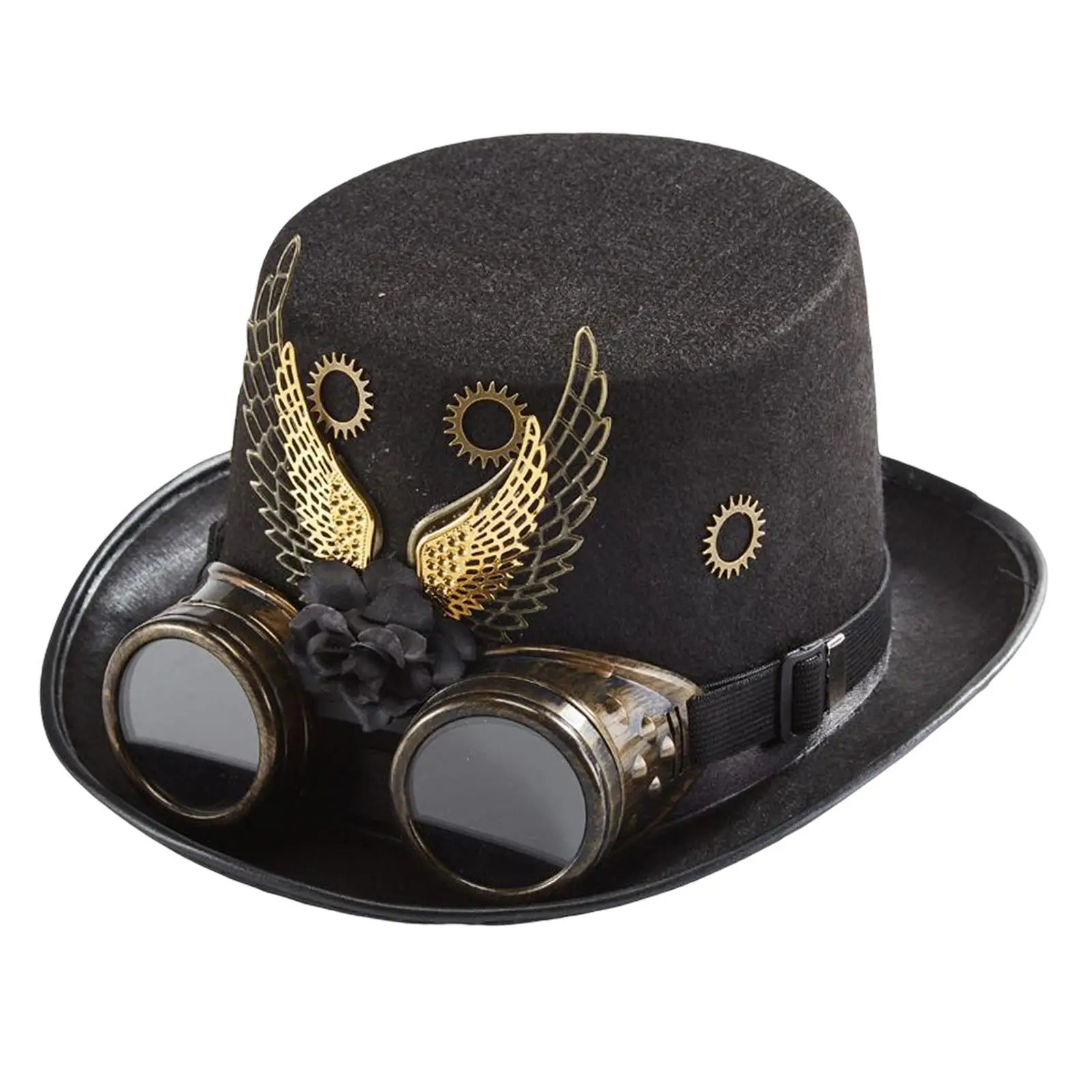 Cappello a cilindro gotico in oro nero Halloween con occhiali Steampunk Costume Gear