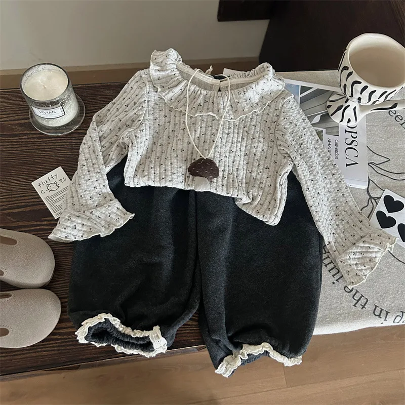 2025 Spring Autumn Kids Girls 2PCS Clothes Set Cotton Floral Ruffle Tops Lace Loose Pants Suit Children Baby Girls Outfits