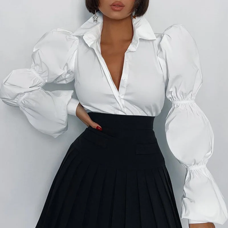 

Spring and Autumn new cotton white shirt women's design puff sleeve cardigan versatile lapel temperament top club clothing Vesti