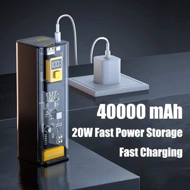 Large Capacity Transparent Mecha Industrial Wind Powerbank Super Fast Charging External Battery Charger 40000mAh Power Bank