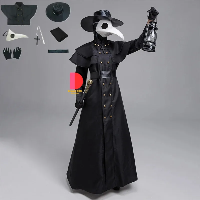 

In Stock Medieval Hooded Robe Plague Doctor Costume Mask Hat Men Women Cross Props Priest Horror Wizard Cloak Halloween Clothes