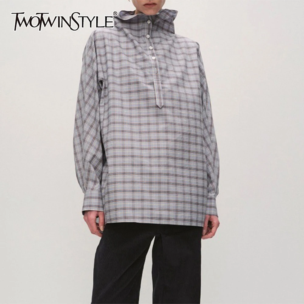 

Рубашка в клетку TWOTWINSTYLE Hit Color Design Sense для женщин, с высоким воротником, длинными рукавами, пэчворк, на пуговицах, базовая модель, женская одежда