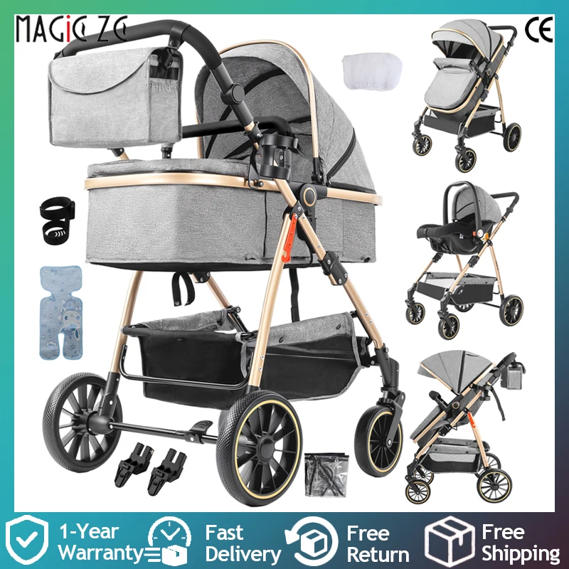 Poussette, poussette et landau portables 3 en 1 avec une seule main pliante, rangement compact et grand panier sous le siège