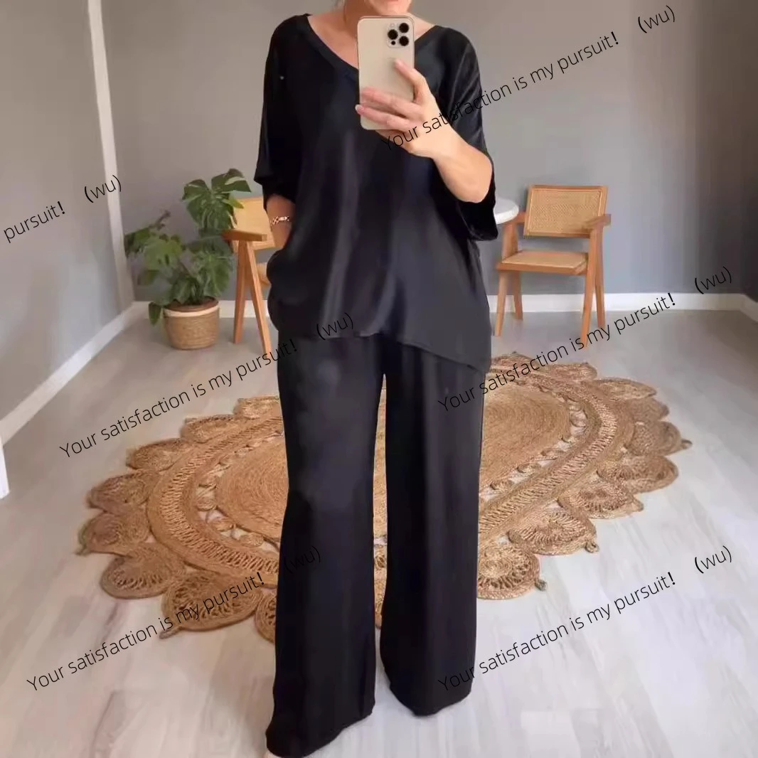 

European and American summer fashion solid color mercerized V-neck casual suit women