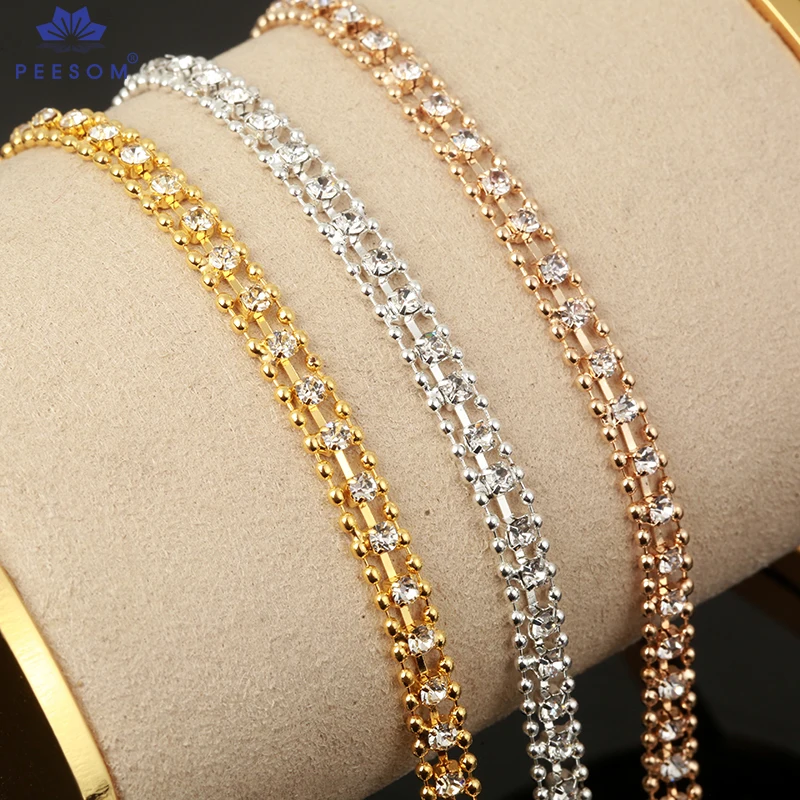 PEESOM 5mm szerokość kryształ Rhinestone łańcuszek z koralikami Sliver/KC złoty łańcuszek w kształcie kubka SS8 łańcuszek z kryształkami wykończenia dla akcesoriów odzieżowych