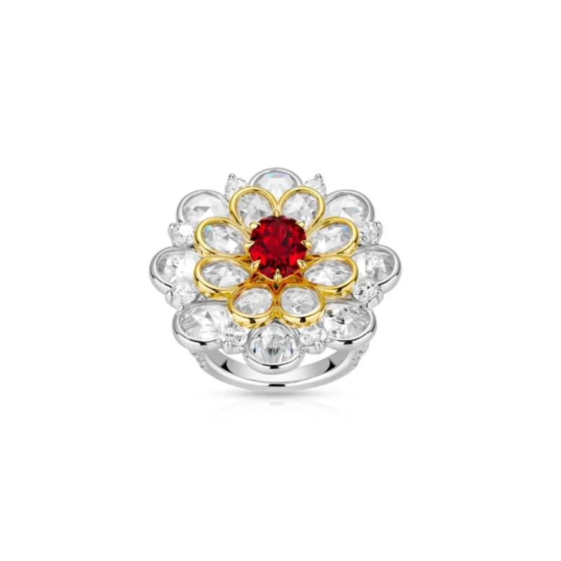 BELLUX 925 Silver Synthetic Zircon Ring Oval Shaped Red Ruby White Diamond Flowers Luxury Fashion Cocktail Ring for Women