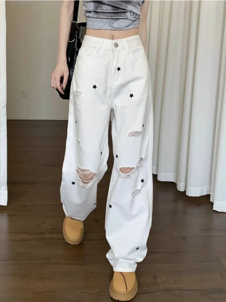 Jeans Women High Street Vintage Design Fashion Simple Hole Daily Straight Tender Loose Cozy Empire Elegant American Style Casual