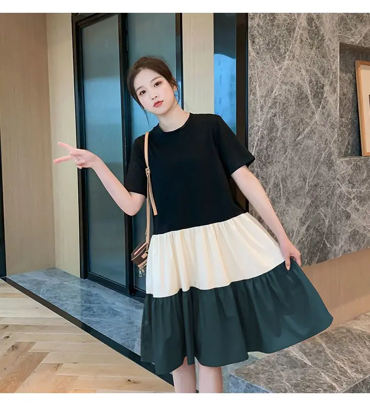 plus Size Color Block Midi Dress Women's Loose Belly Covering Slimming A-Line Skirt Korean Style Summer Casual Polyester Fabric