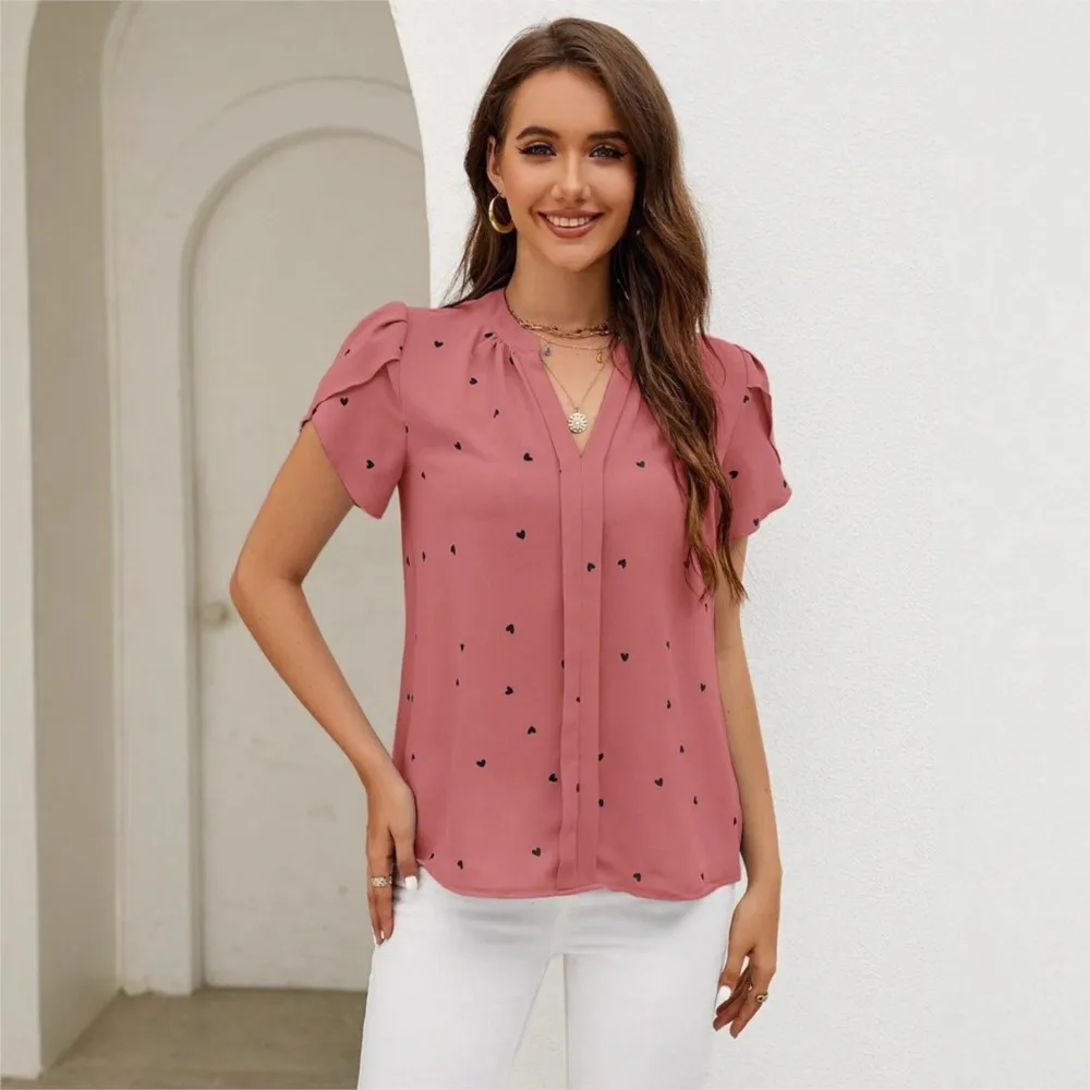 

Women Sweet Style Little Heart Print Shirt Petal Short Sleeve V Neck Pullover Blouse Elegant Female Office Commuter Casual Tops