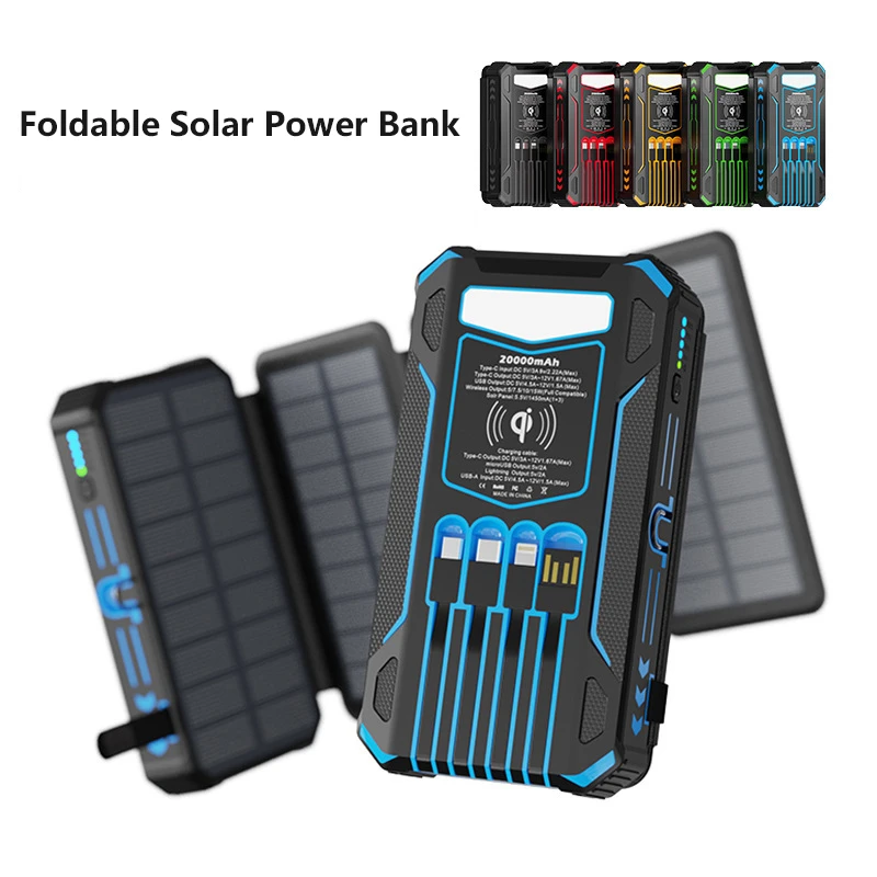 Solar Power Bank Camping Supplies Wireless Charger for iPhone 17 Samsung 20000mAh Portable Battery Charger with Cable Flashlight