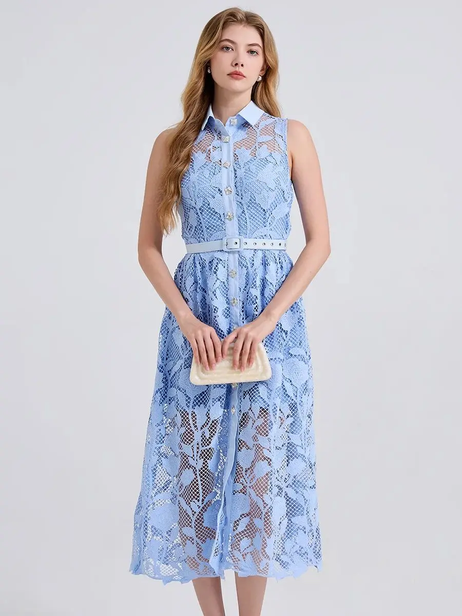 

Luxury Light Blue Lace Evening Dresses Women Summer Single Breasted Crystal Bead Hollow Out Crochet Lace Long Party Dress