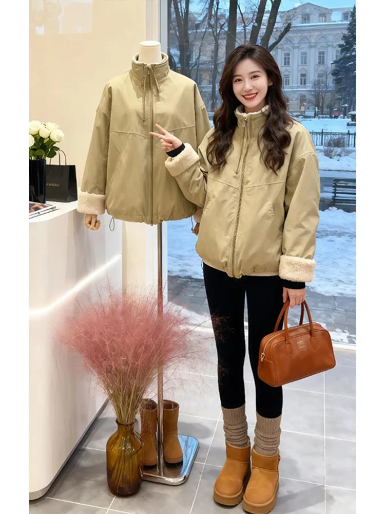 

Ladies Thiened Lamb Fur Cotton Jaet Loose Warm Stand Collar Top for Autumn Winter Korean Sle Online Exclusive Regular S...