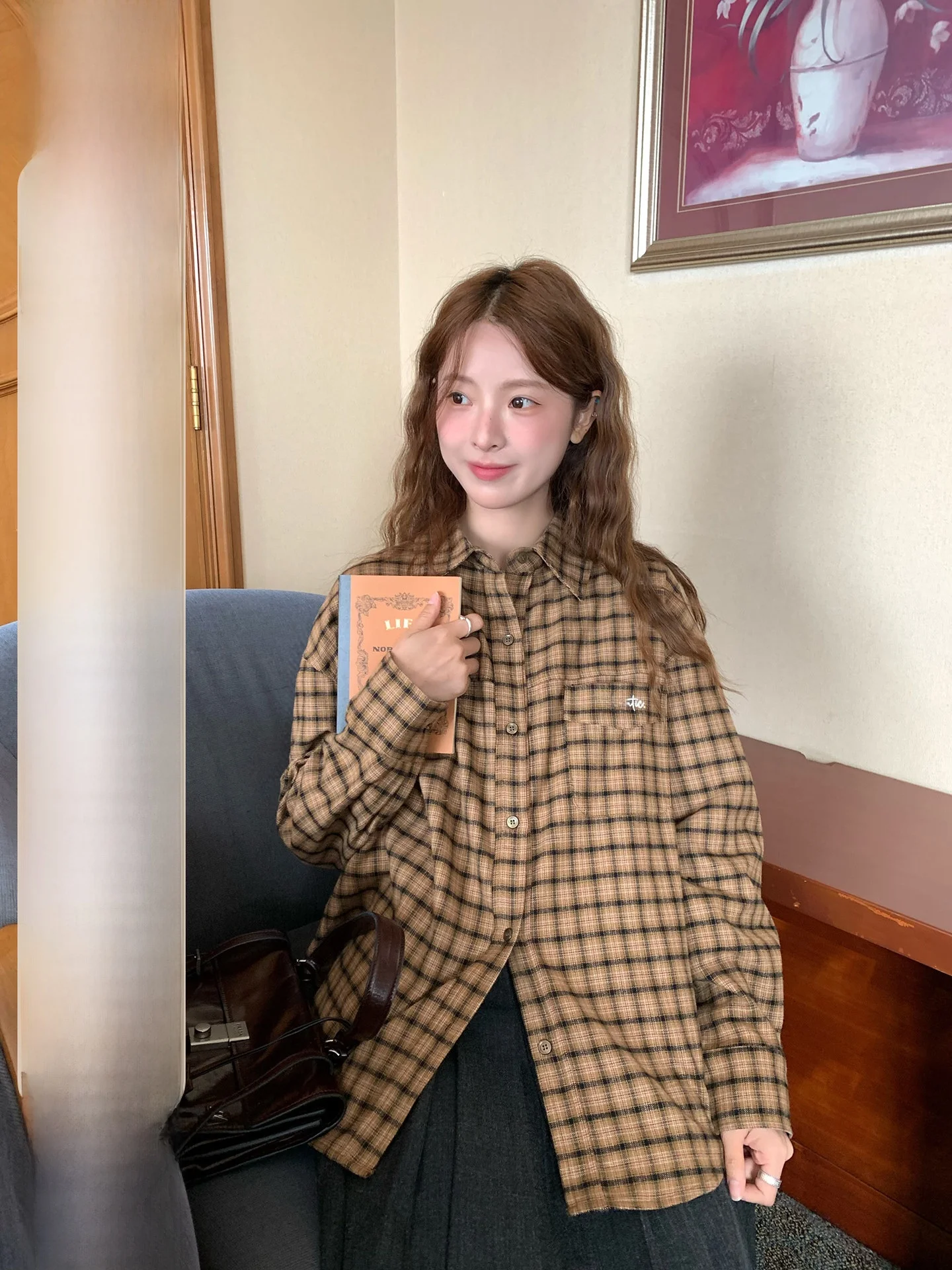 

WHYSTUDIO Retro Miu irt Women's Autumn Winter Wool Thiened Loose Plaid Top Breathable Long Sve Ne Design