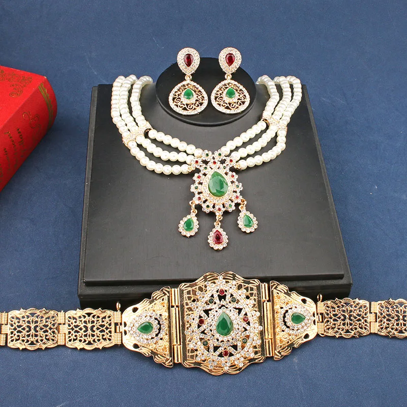 Ensemble de bijoux de mariage arabe, pendentif en cristal vert, ceinture en métal marocaine, Imitation de perle, boucles d'oreilles, collier pour femmes,