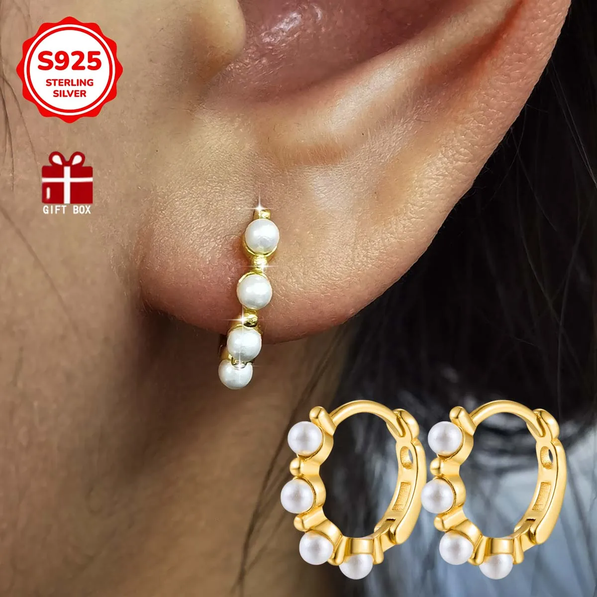 

Пара модных унисекс-серьг-кольцев из стерлингового серебра S925 с синтетическим опалом, жемчугом и бирюзой.