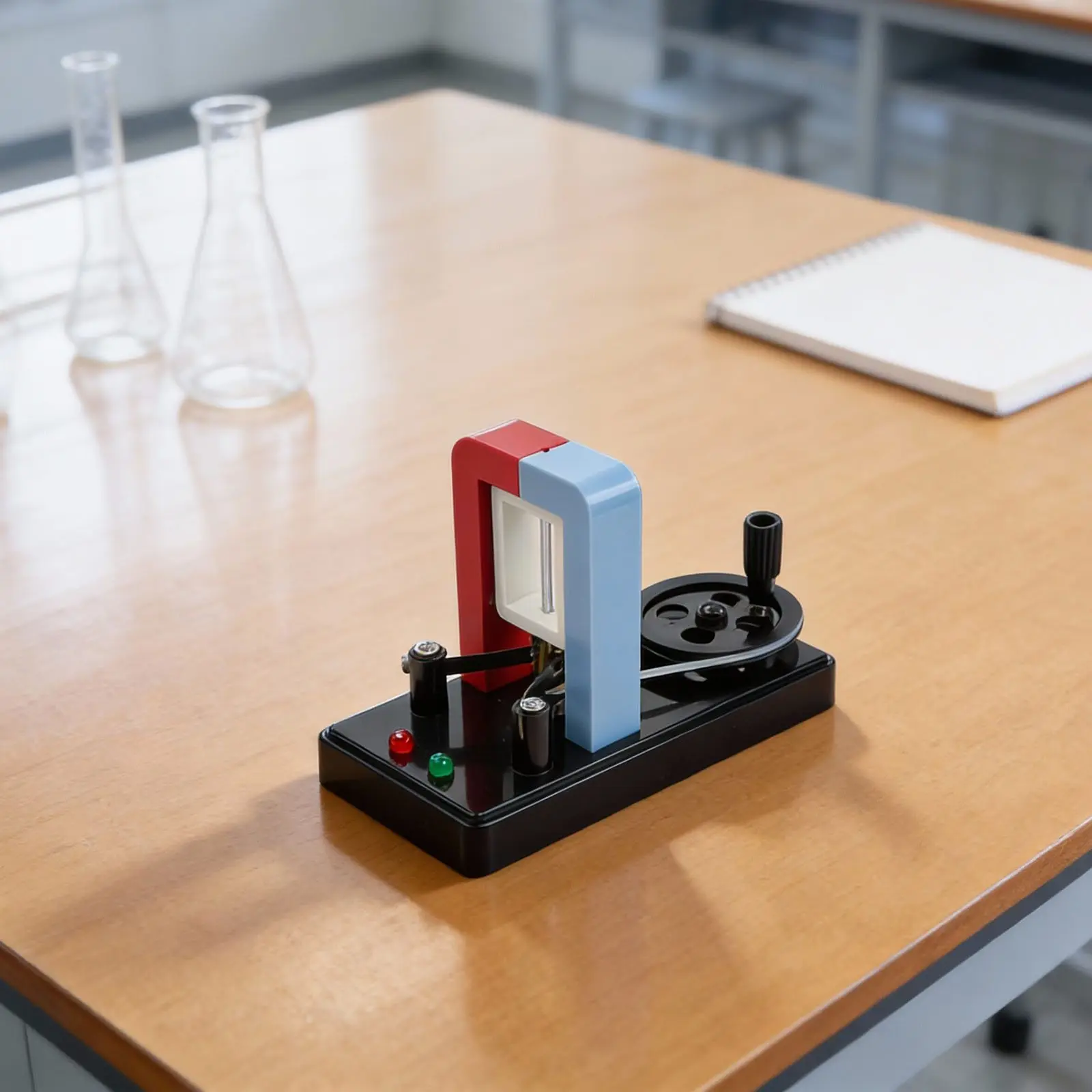 Educational Hand Crank Generator with Dual LED Indicators for Physics Experiments Demonstrating Conversion of Mechanical Energy