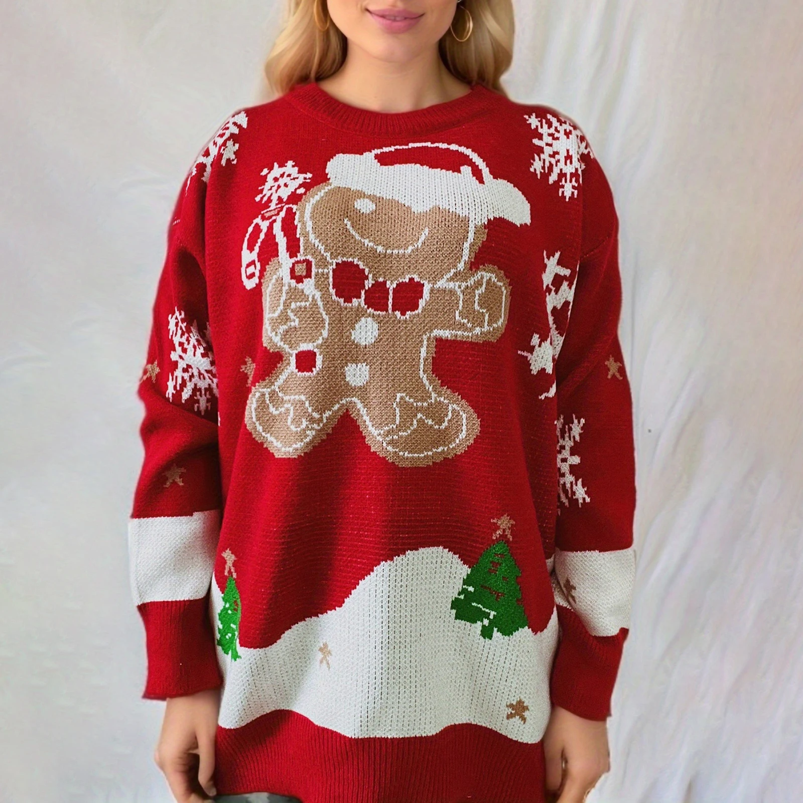 Christmas Gingerbread Print Knit Sweaters for Women Fall Winter Long Sleeve Round Neck Loose Pullover Tops Jumpers