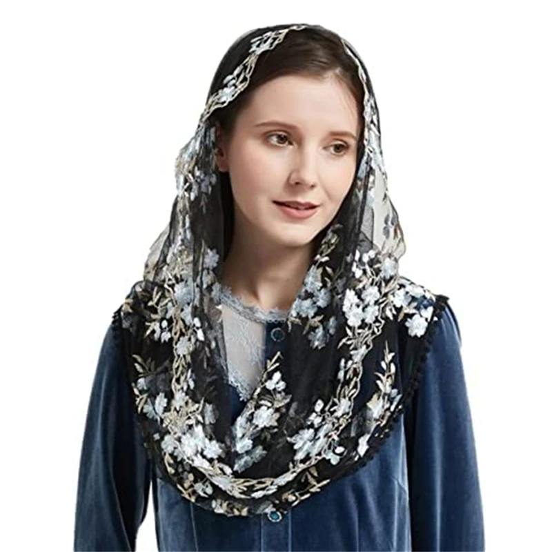 Infinity Embroidered Tulle Lace Veils for Church Women Head Covering Chapel Catholic Latin Mass Blue Yellow Floral Ivory Black