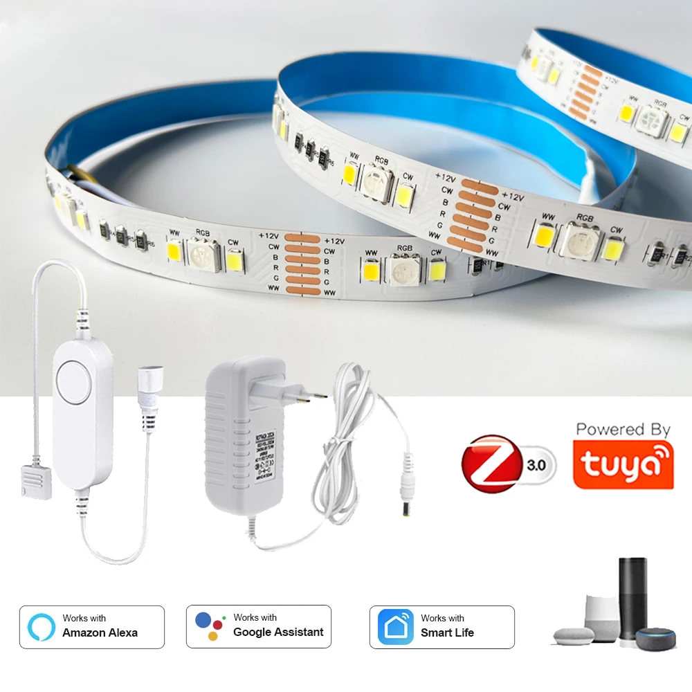 TUYA Zigbee RGB+CCT Led Strip 12V 1-5m Flexible Tape Light 90leds/m RGBCW Light Controller APP Voice Control F Alexa Google