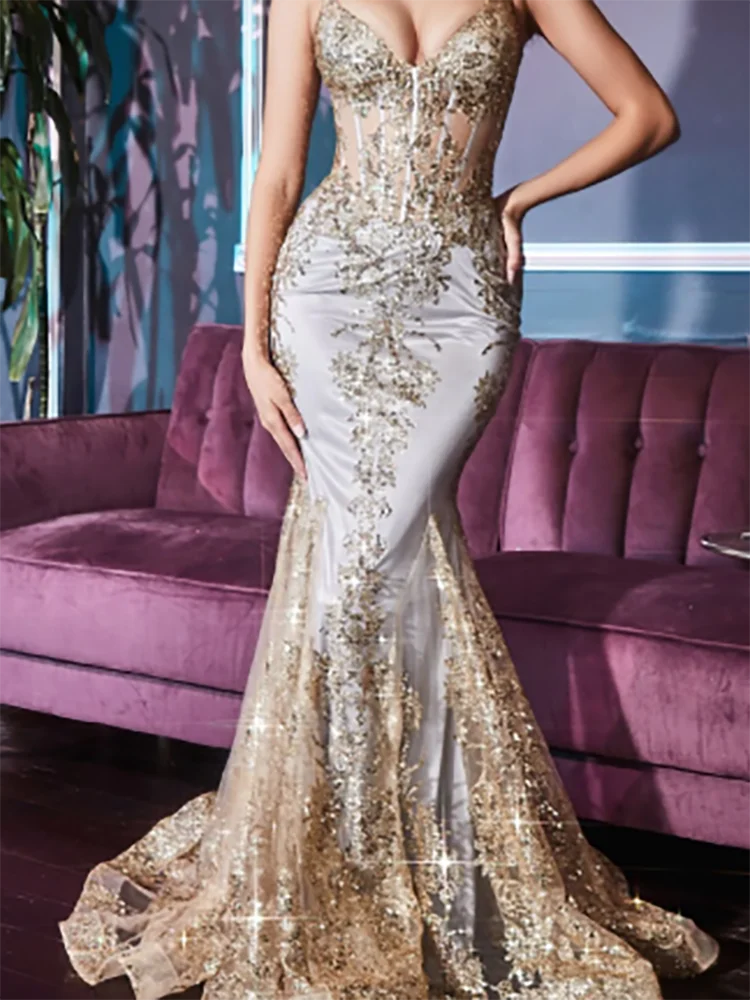 

Elegant V-Neck Appliques Sequined Sleeveless Mermaid Formal Evening Dresses Birthday Party Prom Gowns Customized