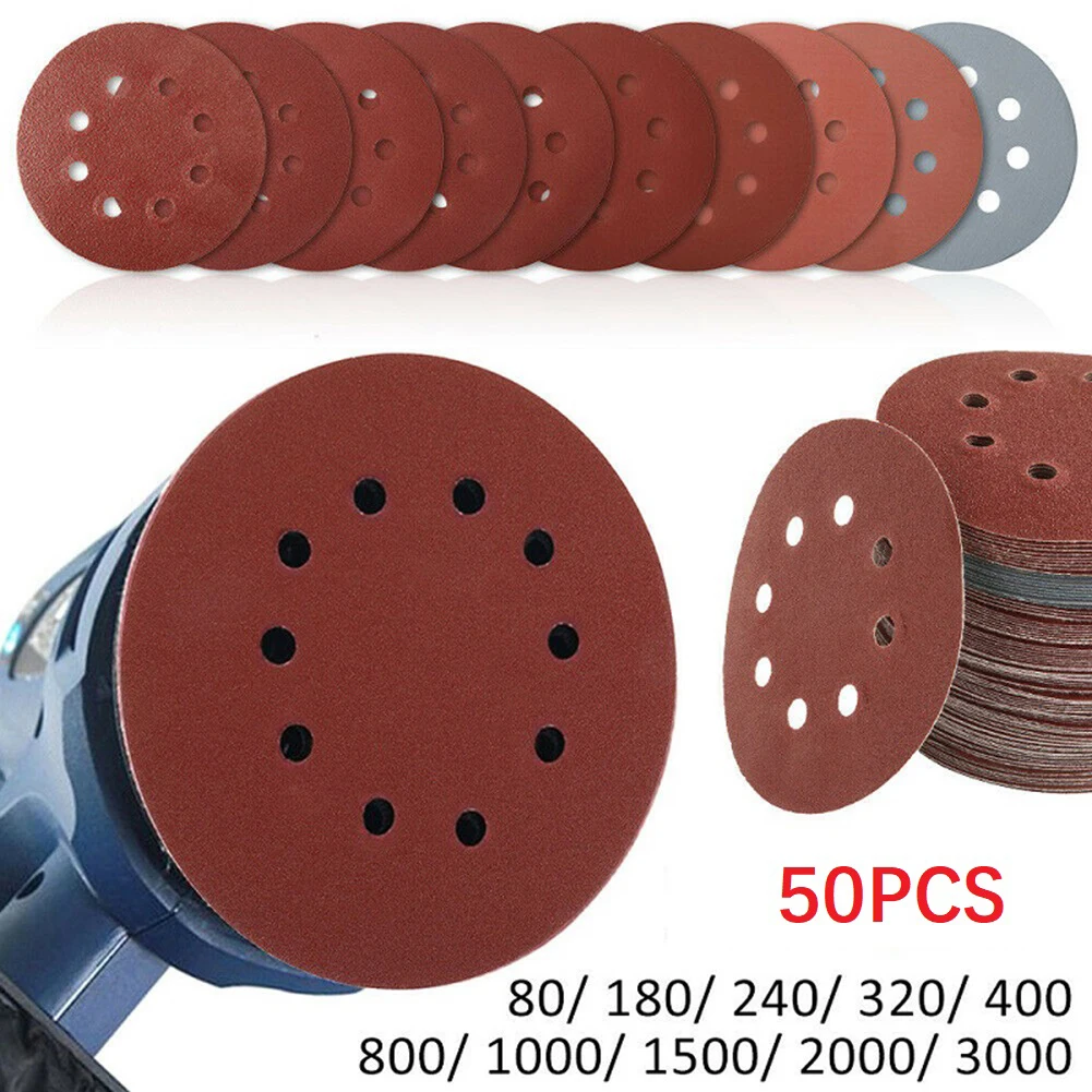 

50pcs Sanding Discs 8 Holes 125mm Aluminium Oxide Round Shape For Orbital Sanders Abrasive Tools Sandpaper 80 180 240 -3000 Grit