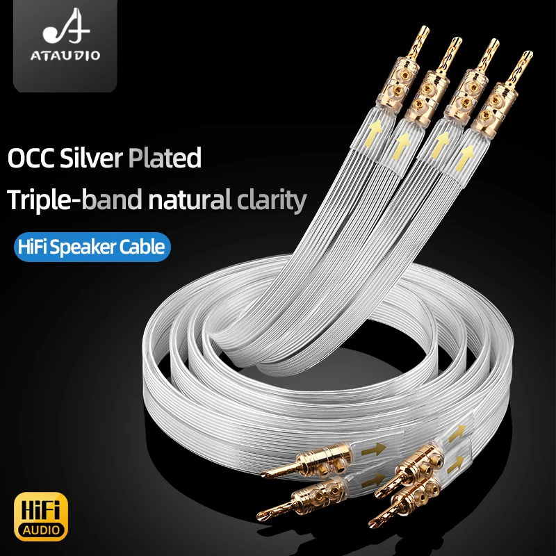 ATAUDIO OCC Silver‑plated Flat HiFi Speaker Cable With Hi-End Gold Plated Serrated Banana Plugs for Amplifier Speaker