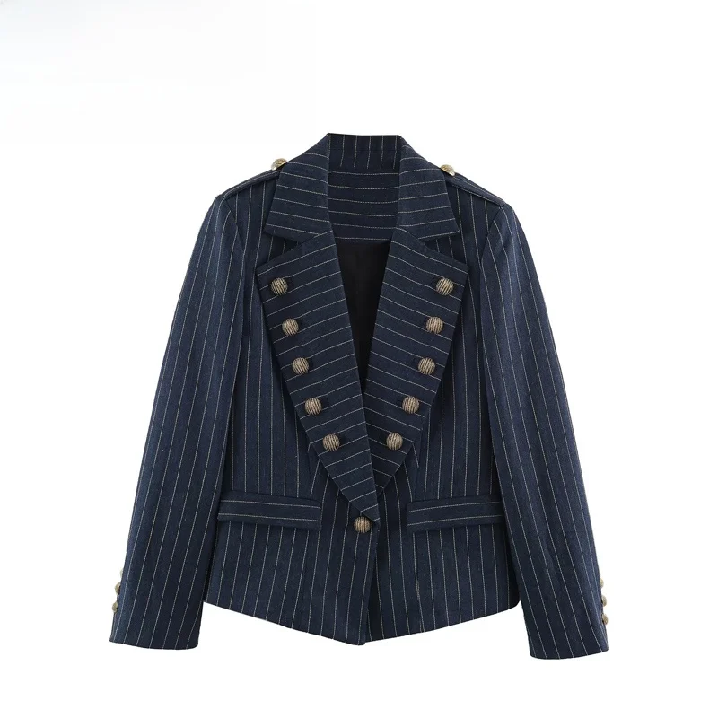 Fashionable Striped Suit Jacket for Women Elegant Versatile Style Polyester Fiber Long Sleeve Short Coat Button Closure