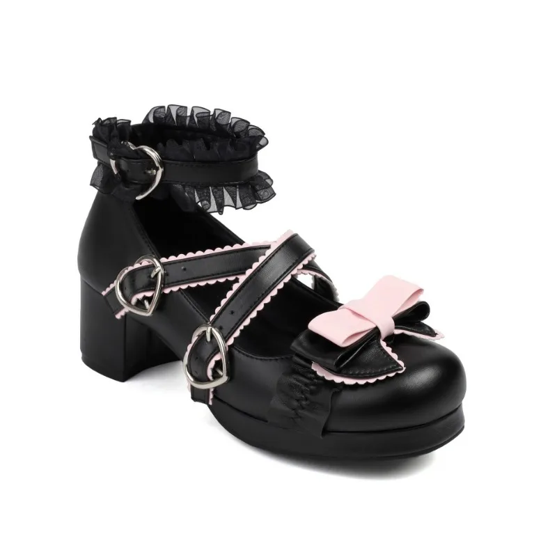 Cute Student Lolita Mary Jane Pumps Round Toe Mid Chunky Heel Bow Decor Plus Size Princess Daily Wear Shoes