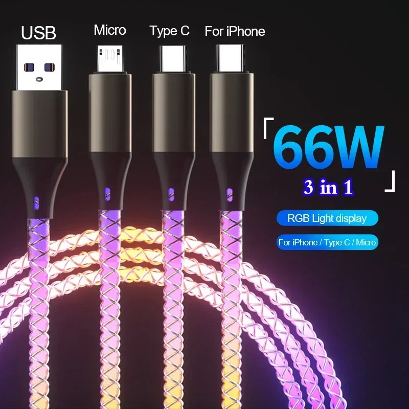 Kabel 3 W 1 66W 6A RGB świecący typ C do iPhone'a 14 13 Pro Max przewód USB do ładowarki Samsung Xiaomi — zdjęcie 7