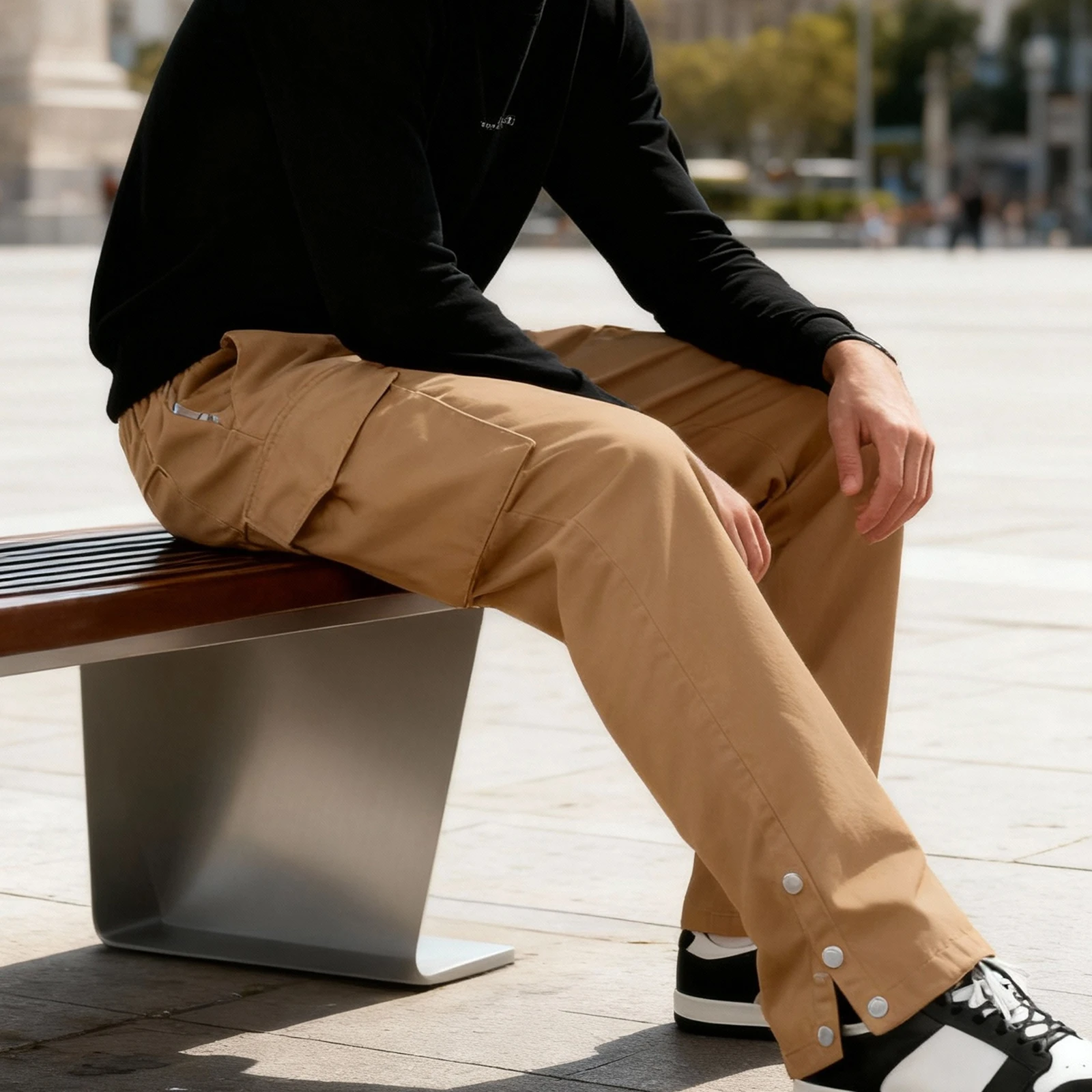 

Men's Casual Elastic Waist Pants Solid Loose Trousers Streetwear with Pockets for Daily Wear