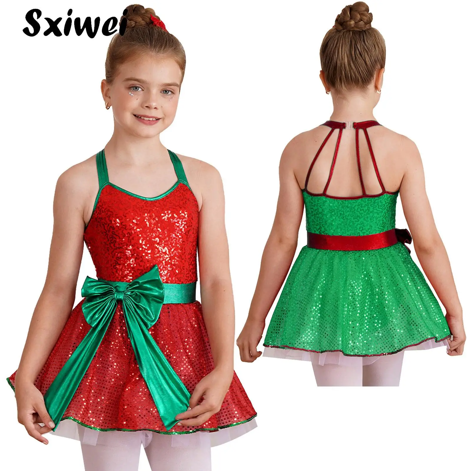 Kid Girls Sequins Christmas Costume Halloween Elf Mrs Santa Claus Cosplay Figure Ice Skating Leotard Ballet Tutu Dance Dress