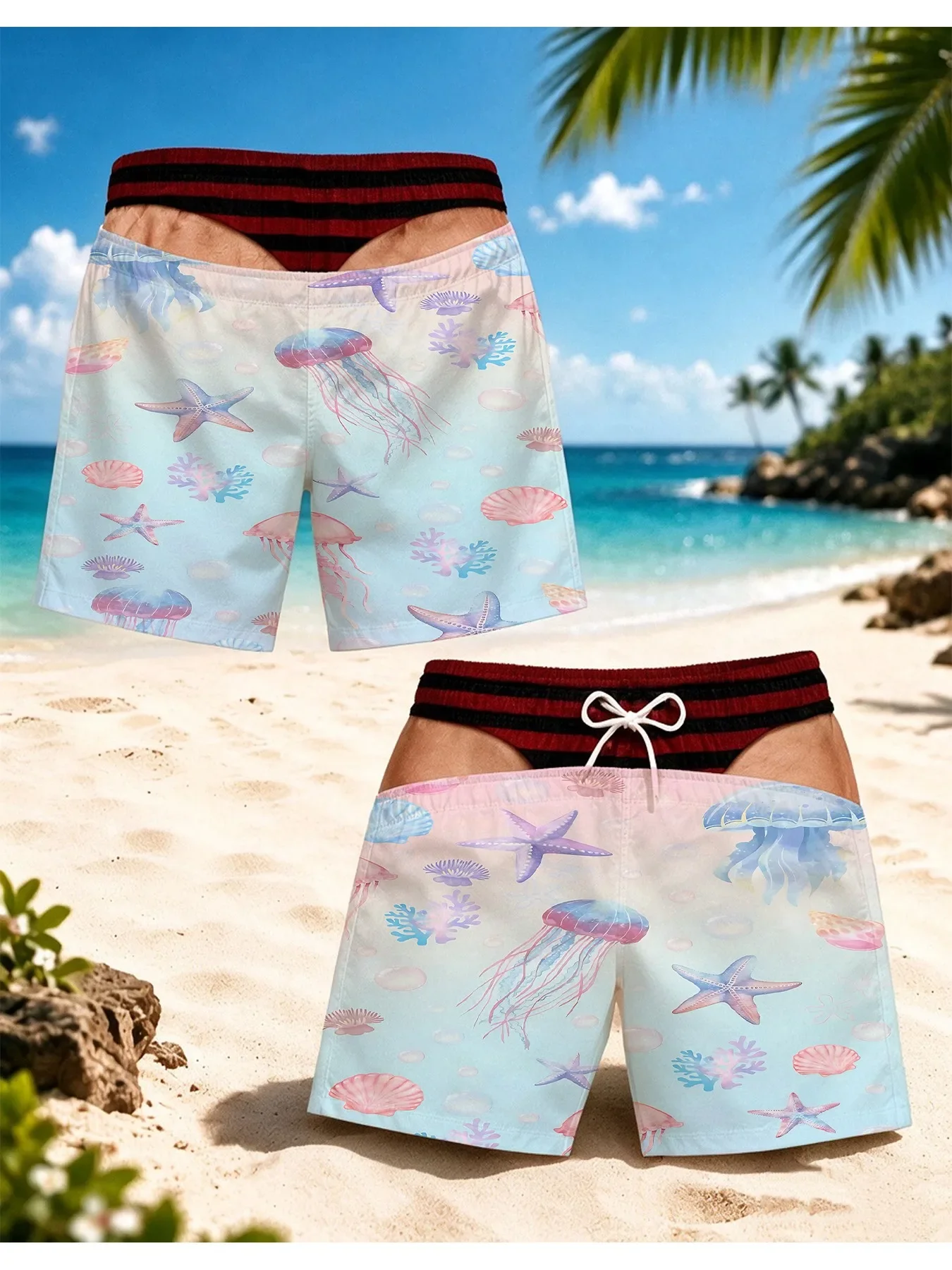 Novelty Metallic Gold Waist Marine Starfish Seashell Fake Butt Cutout Print Mens Vacation Pool Swim Trunks