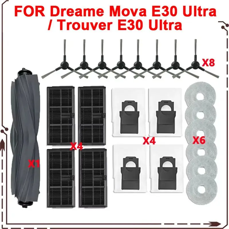 

AT05-For Dreame Mova E30 Ultra /Trouver E30 Ultra Vacuum Parts Main Tricut Roller Side Brush Hepa Filter Mop Cloth Dust Bag