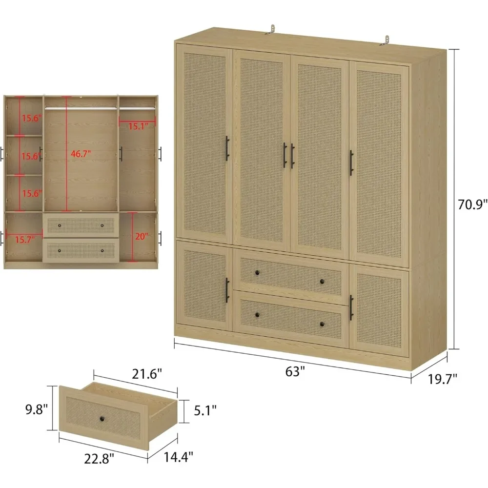 wardrobe Modern minimalist style Rattan Doors design Large storage space Natural texture Suitable for bedroom