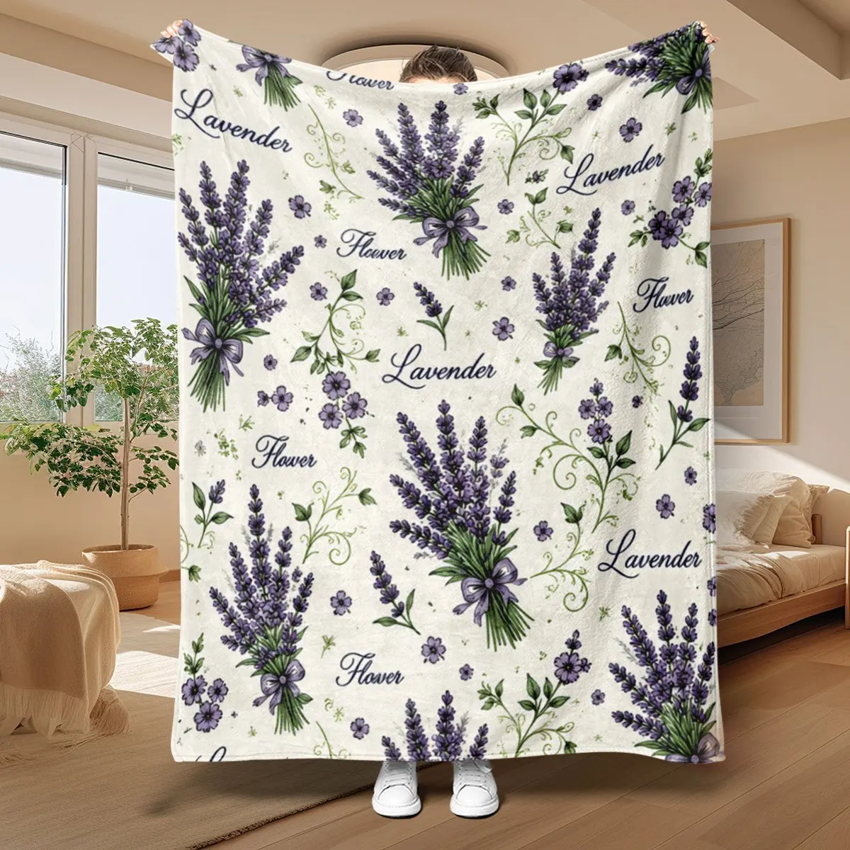 Highly Decorative Lavender Floral Print Throw Blanket Large Size 150x200cm Cozy Sofa Couch Home Decor Gift for Seasonal Use