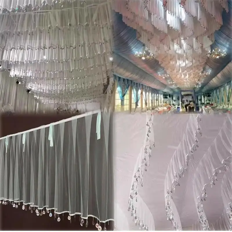 

Wedding Ceiling Gauze Curtain Sequin Sash Drape Tassel Floating gauze For Hotel Stage Hall Ceilings Top Decoration