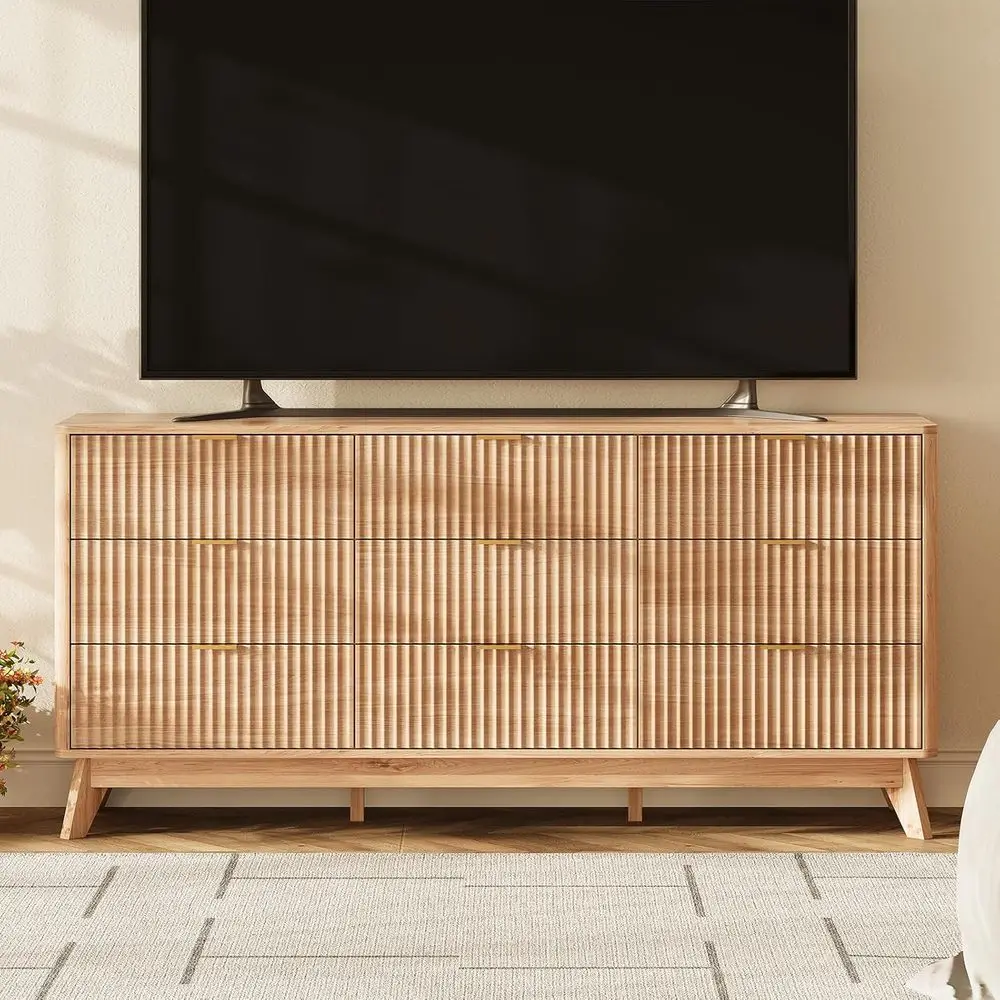 63 Wide 9 Drawer Dresser for Bedroom or Living Room, Rounded Handles, Natural Wood Finish