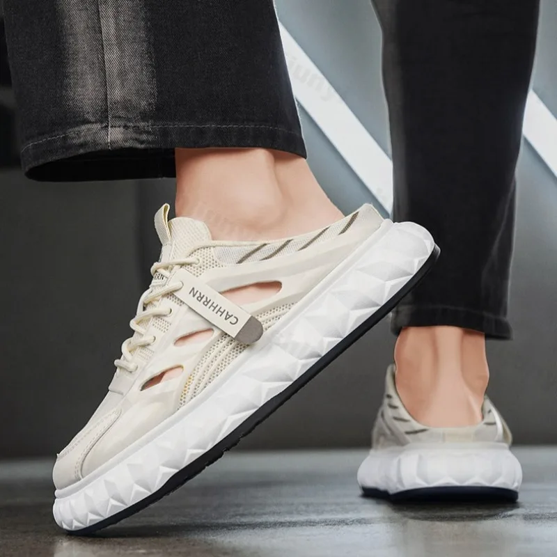 

Модные трендовые повседневные мужские полудраги на толстой подошве, лето 2022, сетчатые полые дышащие универсальные удобные массивные тапочки