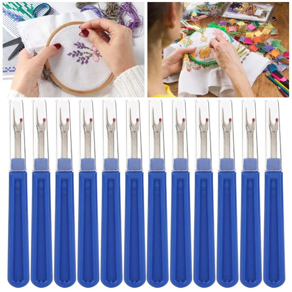 12pcs Durable Stainless Steel Seam Ripper Tool Ergonomic Handle Blue Stitch Remover Kit Thread Cutter Set For Embroidery