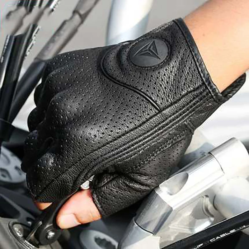 Gants de moto respirants en cuir véritable, équipement de protection pour motocross, gants d\'équitation demi-doigts, écran tactile, hiver et été