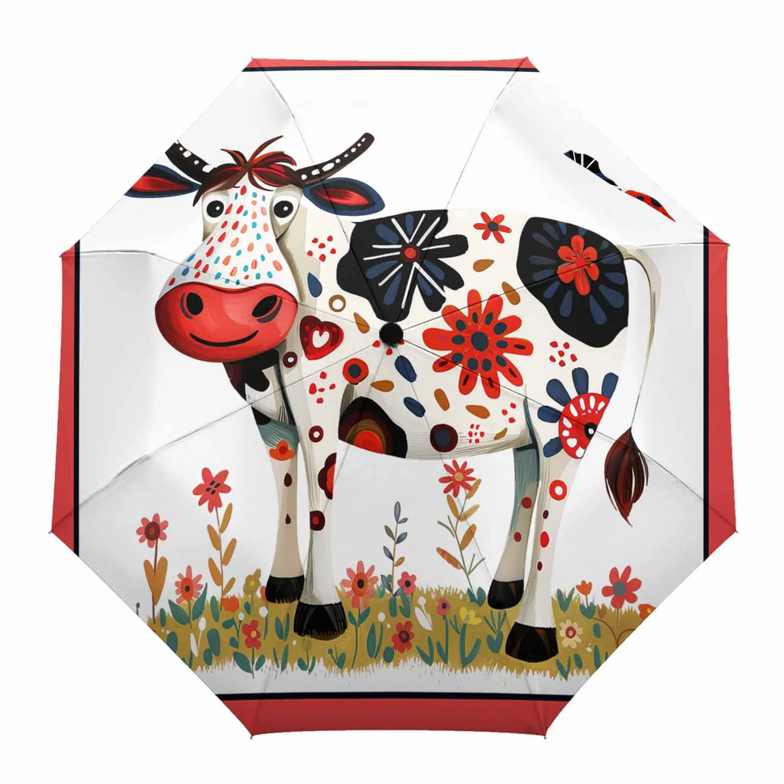 Animal Cows Watercolor Flowers Umbrella for Outdoor Fully-automatic Folding Eight Strands Umbrellas for Kids Printed Umbrella